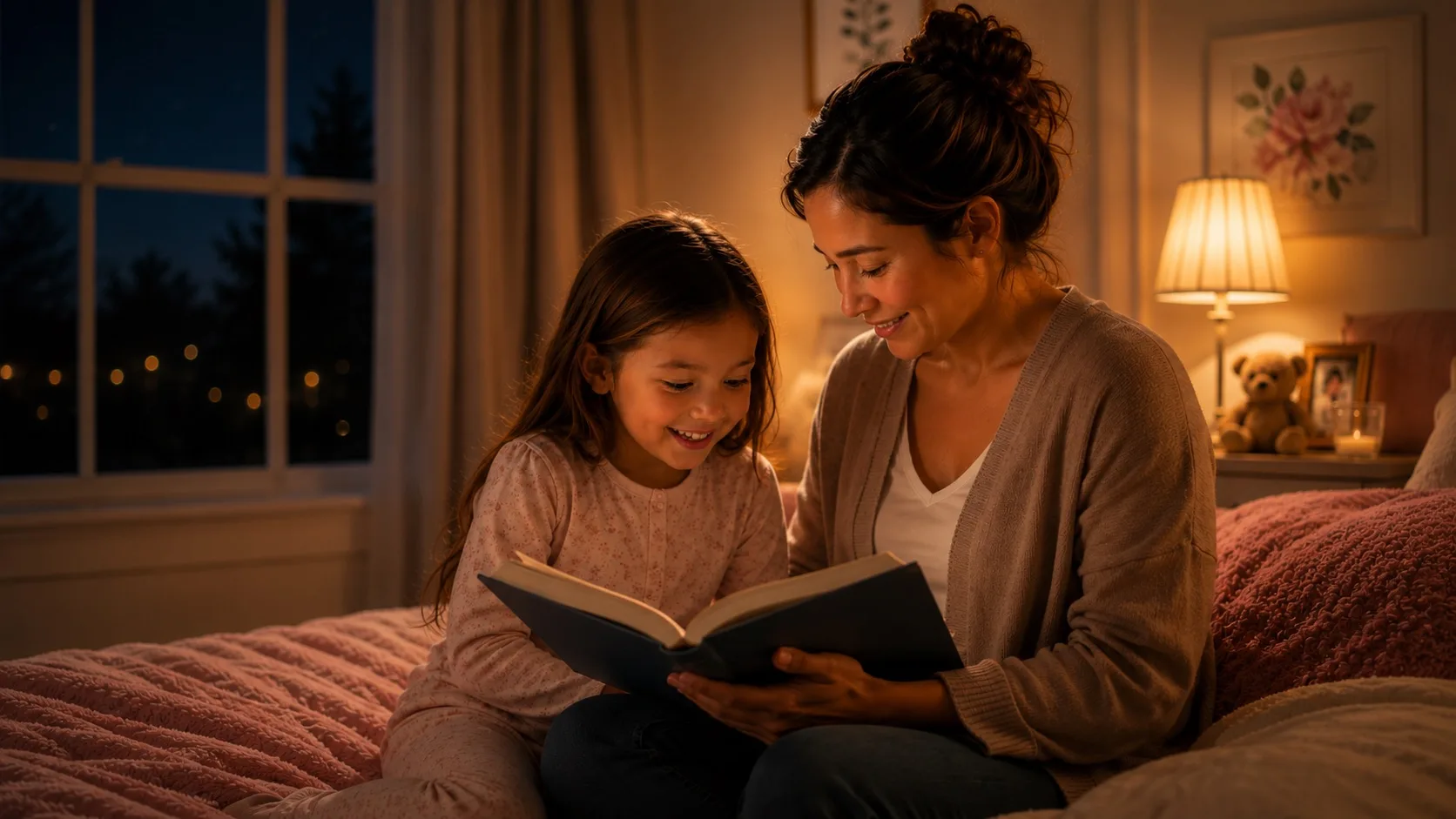 A mother and her daughter reading a bedtime book together at night