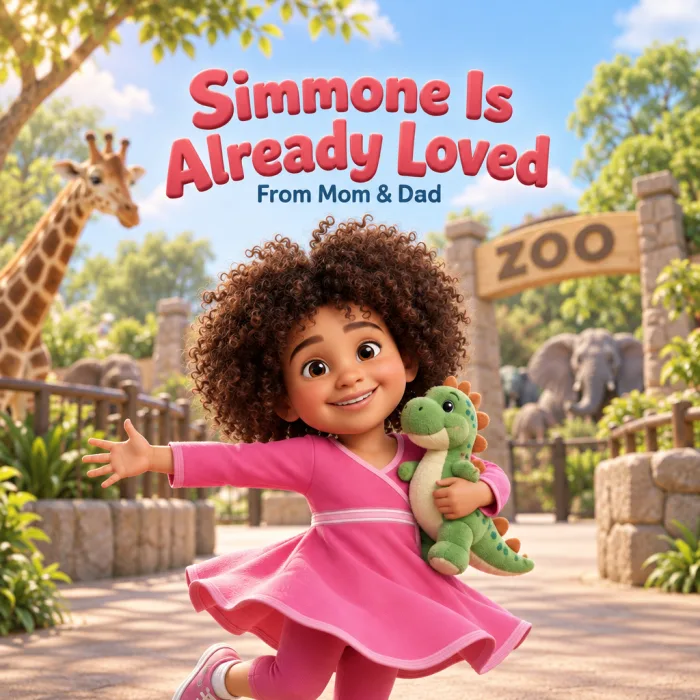 The cover of Simmone’s book: “Simmone Is Already Loved, From Mom & Dad”, set at the zoo