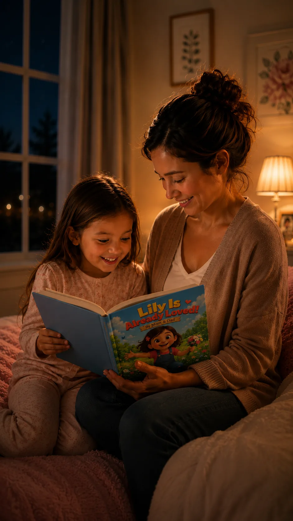 A mother and her daughter reading their personalized AlreadyLoved book at bedtime
