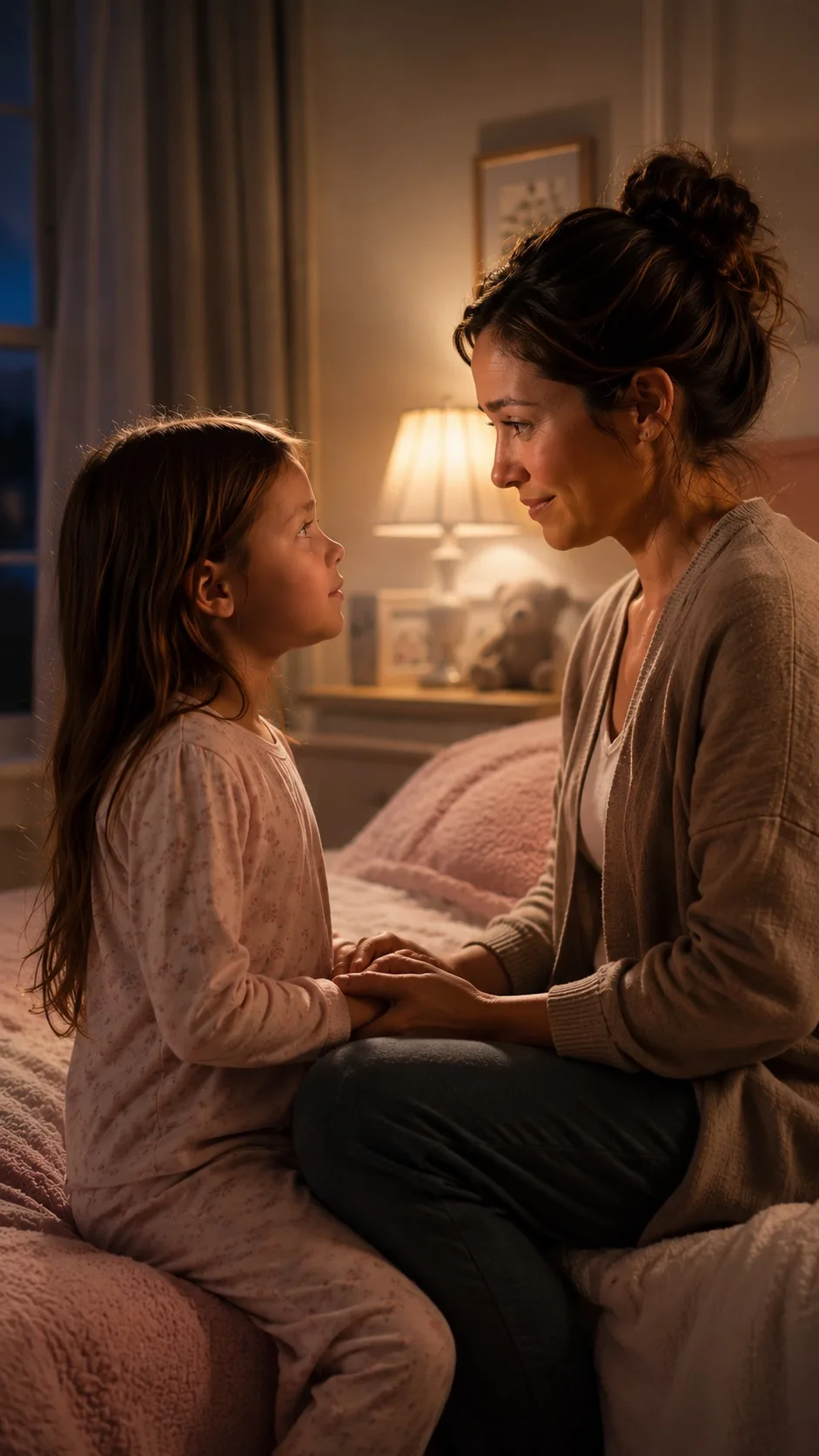 A mother and her young daughter face to face on the bed at night